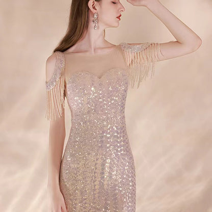 fishtail hem tasseled sequins evening dress party dress