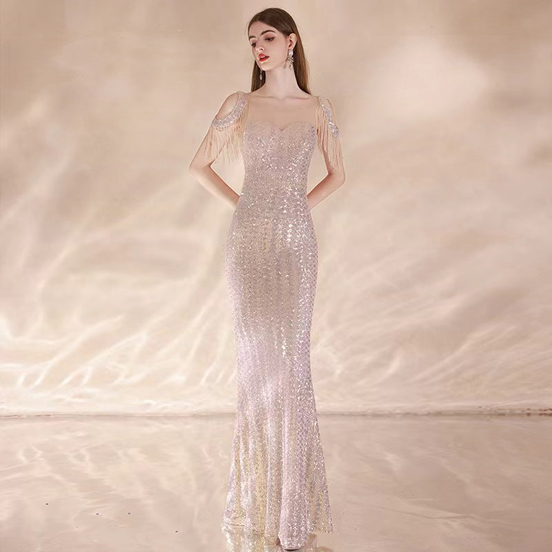 fishtail hem tasseled sequins evening dress party dress