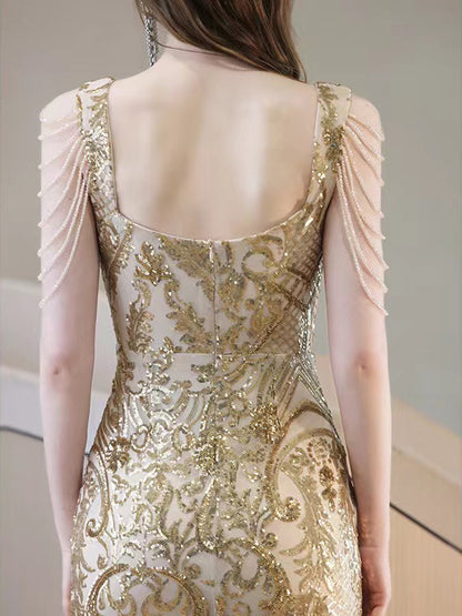 Gold fishtail elegant evening dress