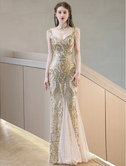 Gold fishtail elegant evening dress