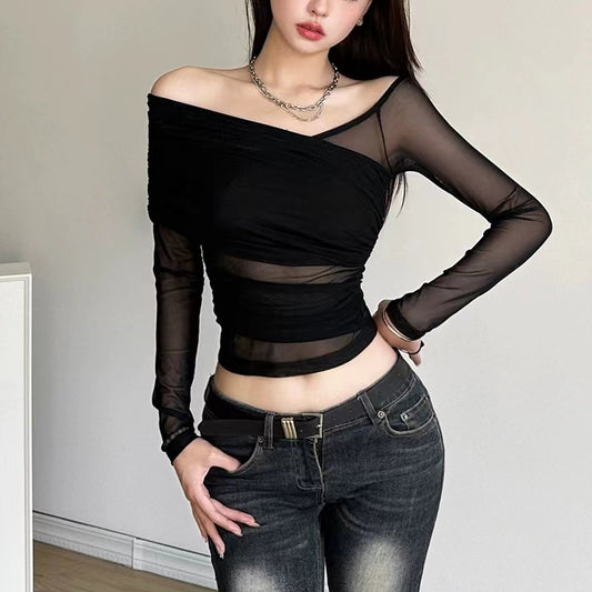 Sexy babes slim tulle long sleeve t-shirt