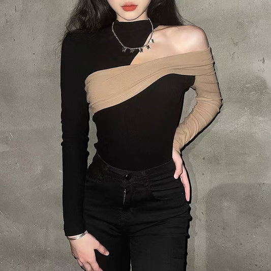 Sexy slim and contrasting knitted long-sleeved T-shirt