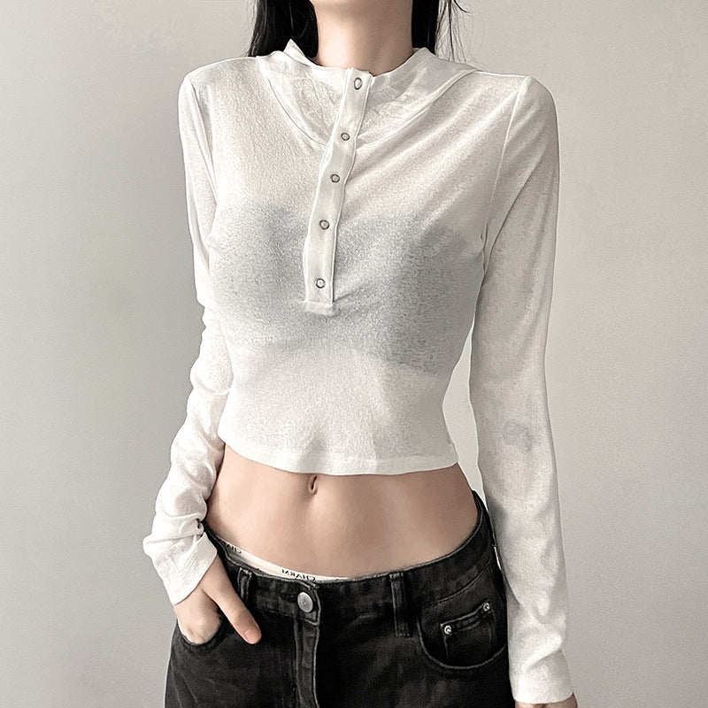Sexy long-sleeved hooded single-breasted crop top T-shirt