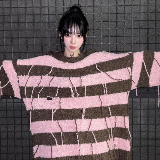 Street-chic striped loose-fitting ripped long sweatshirt