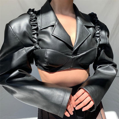 Long-sleeved lapel crop top slim PU leather jacket