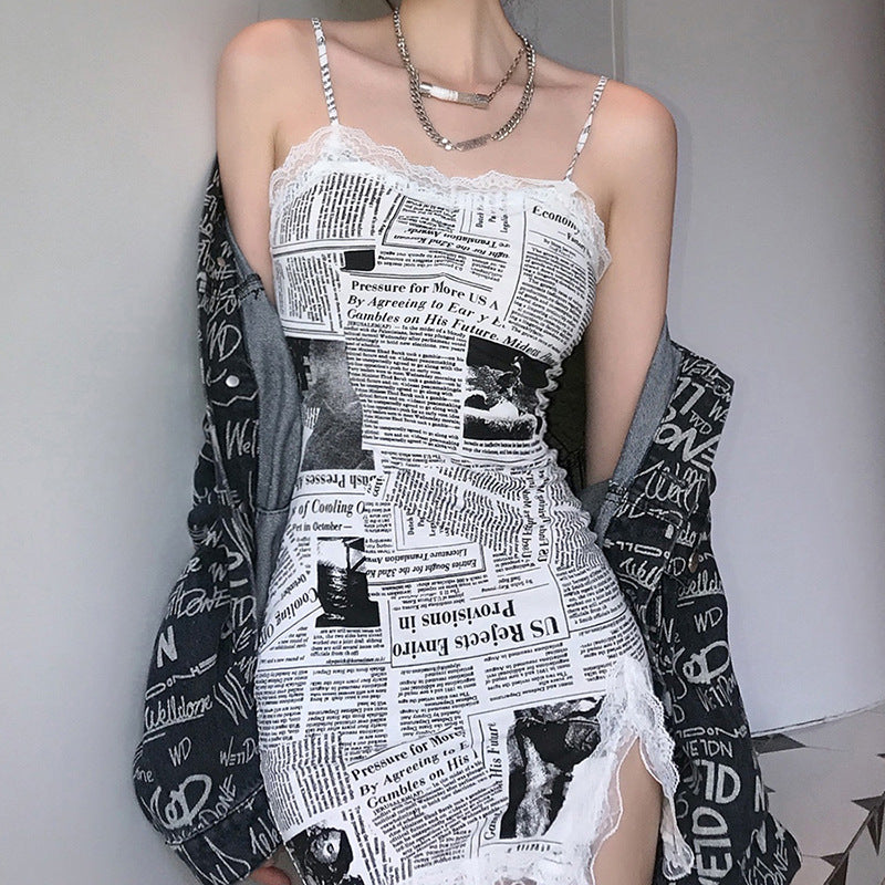 Suspenders digital vintage print dress